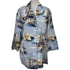 Alfred‎ Dunner Sailboat Button Up Top Size 22 Lightweight Smocked Nautical Y2K